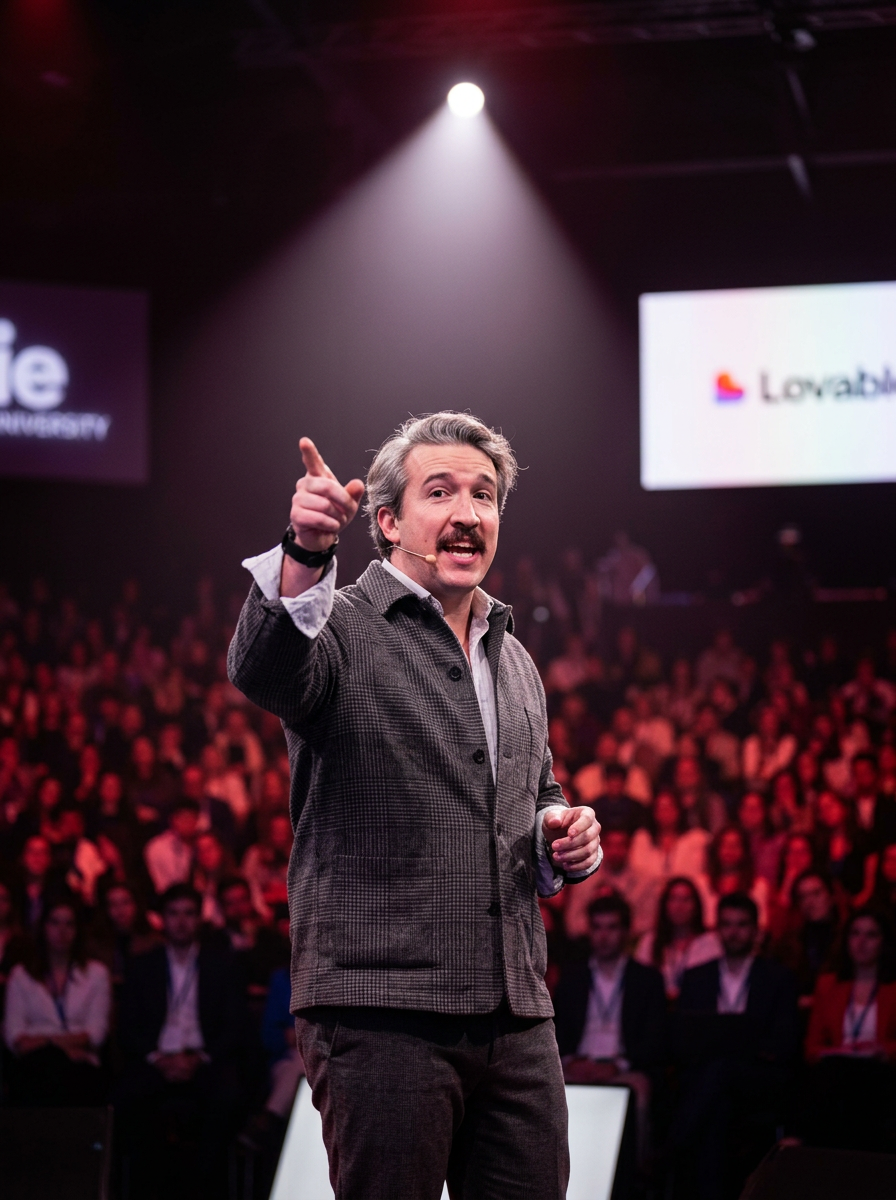 Borja Vega señalando al público durante una keynote sobre un escenario, con la pantalla de Lovable al fondo